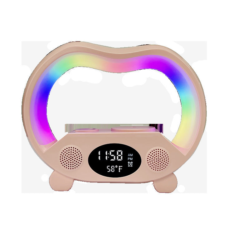 A multifunctional 6-in-1 night light that provides lighting, wireless charging, and a speaker. It is displayed with various features such as an alarm clock, RGB light, and temperature monitoring highlighted.