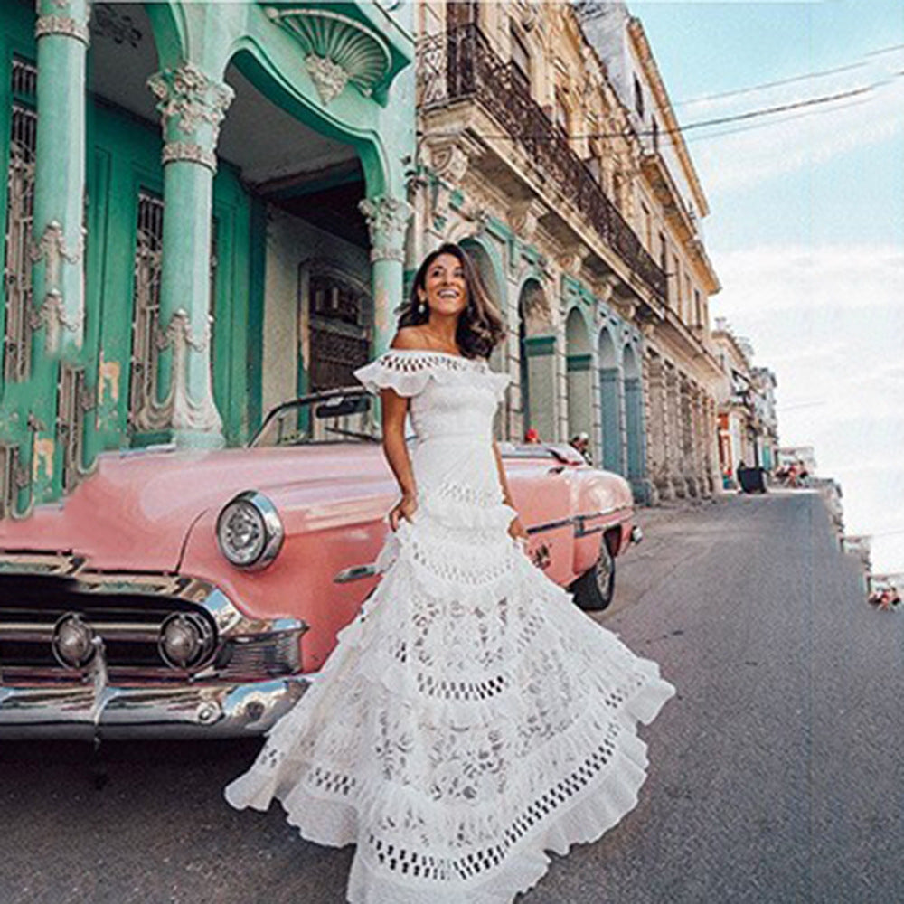Women's Off-shoulder Ruffled Hollow Wide Hem Lace Dress