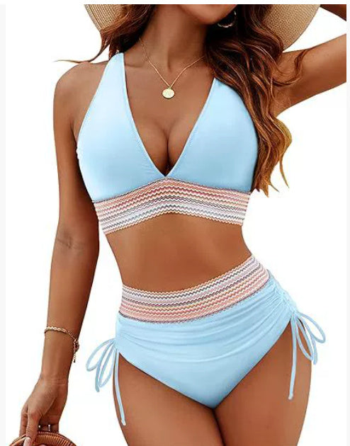 High Waisted Bikini Set With Color Blocking Drawstring Swimsuit