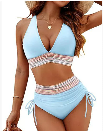 High Waisted Bikini Set With Color Blocking Drawstring Swimsuit