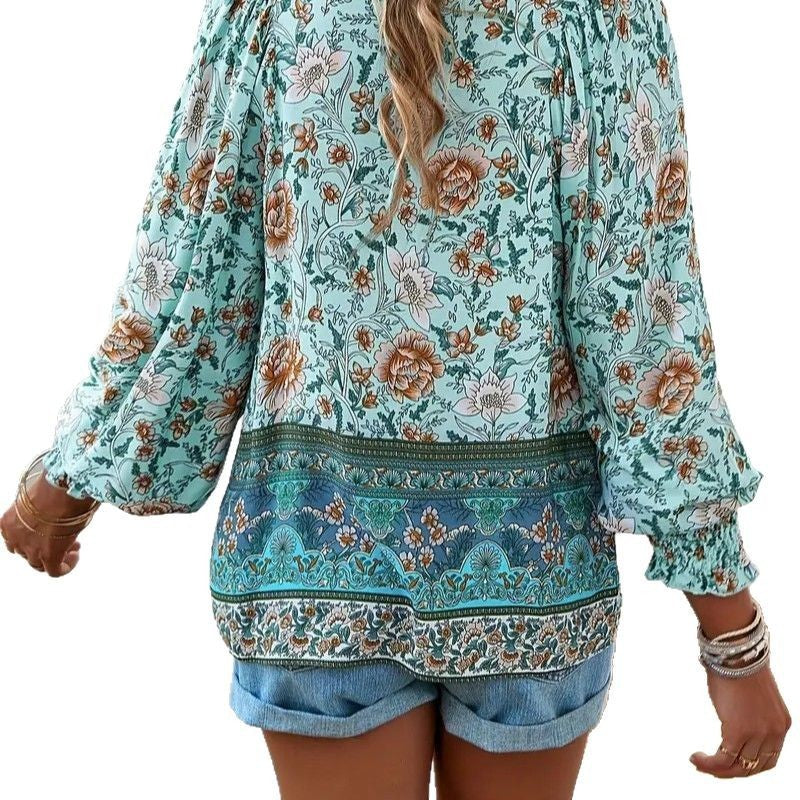 Bohemian Vacation Style Printed V-neck Lace-up Long Sleeve Top