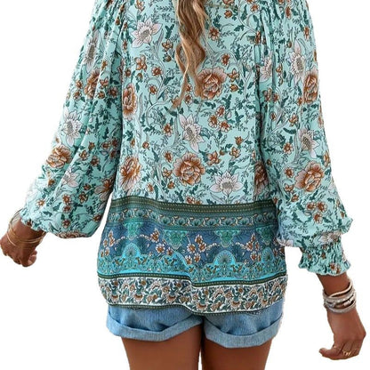 Bohemian Vacation Style Printed V-neck Lace-up Long Sleeve Top