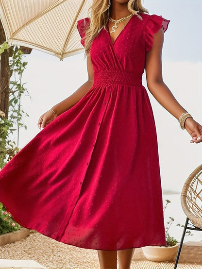 Elegant V-neck Ruffled Sleeve Women's Summer Short Sleeve Maxi Dress