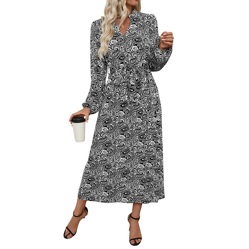 Ethnic Printed Elegant V-neck Long-sleeve Dress