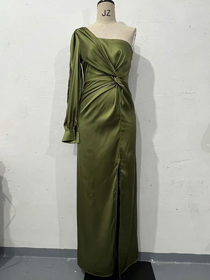 Women's One-shoulder Split Dress Ins Fashion Long-sleeved Slim Long Dresses Party Evening Clothing