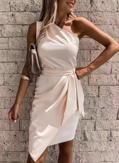 Spring And Summer Models Solid Color Sleeveless Slanted Shoulder Irregular Tie Party Dress