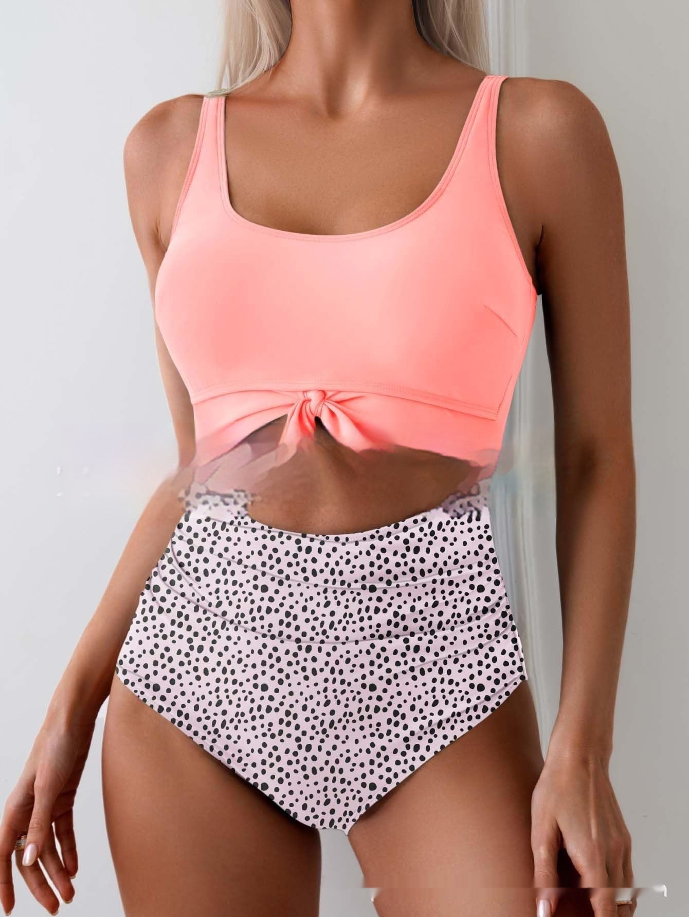 One-piece Female Stitching Contrast Color Strap Covered Belly Swimsuit