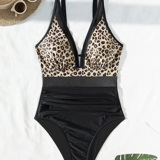 Leopard Mesh Backless Sexy Bikini One-piece Swimsuit Swimwear