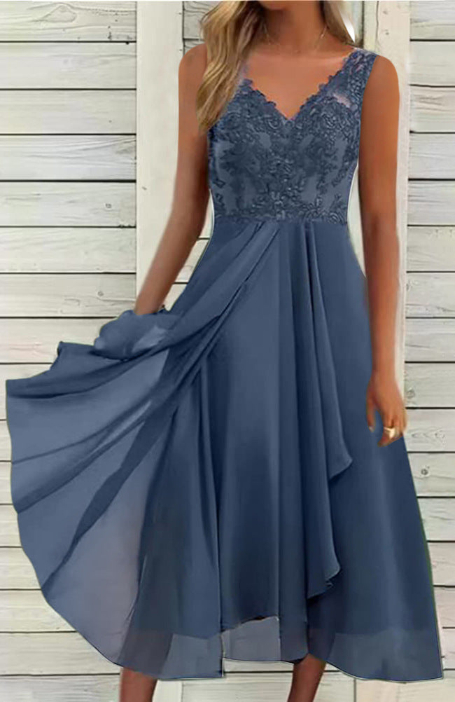 Sleeveless Dress Chiffon Stitching Lace Hollow Women